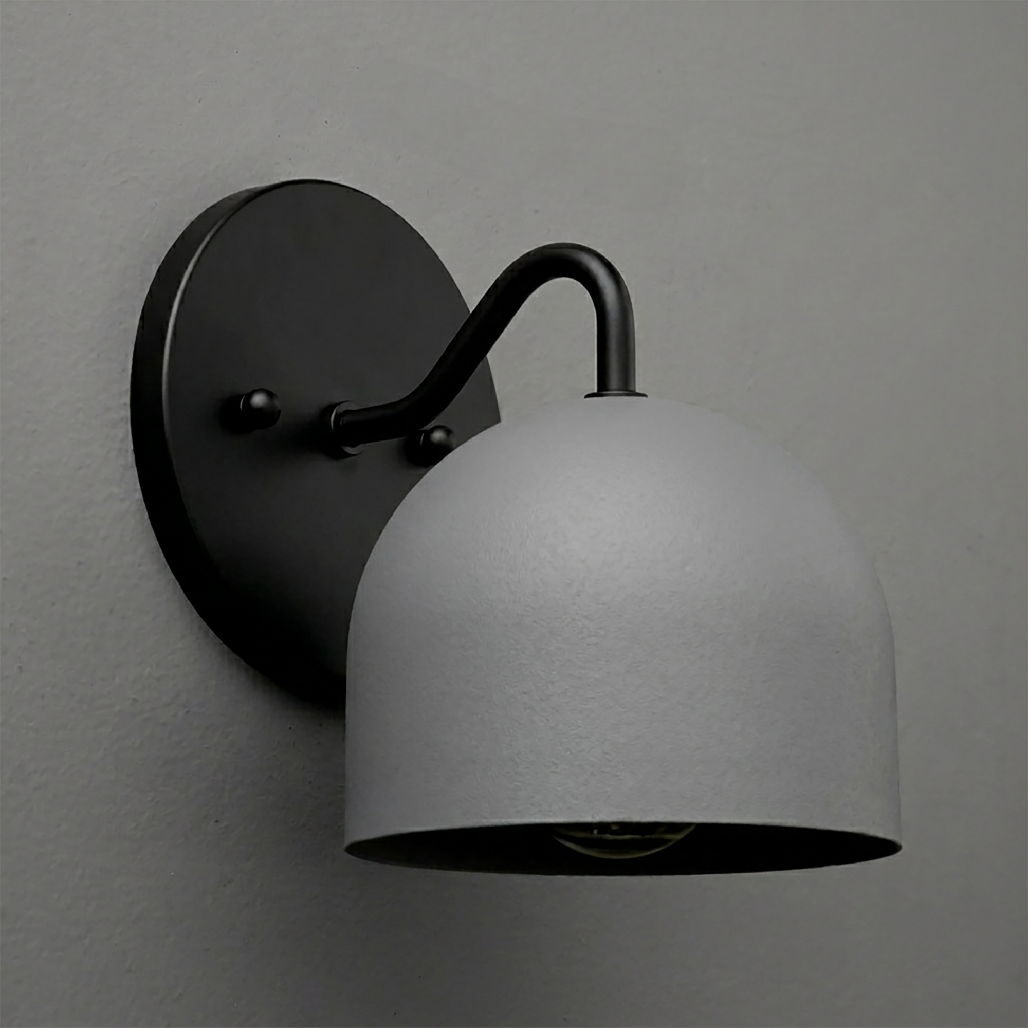 Matte black metal wall sconce with a deep dome-shaped grey shade and curved arm. - SCONCE MODEL NO. 9436