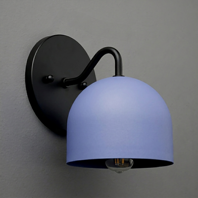 Matte black metal wall sconce with curved arm and dome-shaped periwinkle blue shade, single bulb exposed beneath. - SCONCE MODEL NO. 9436