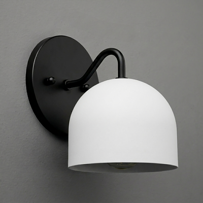 Black metal wall sconce with a curved arm and a white dome-shaped glass shade. - SCONCE MODEL NO. 9436
