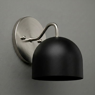 Matte black dome-shaped metal sconce with brushed nickel round wall mount and curved arm. - SCONCE MODEL NO. 9436