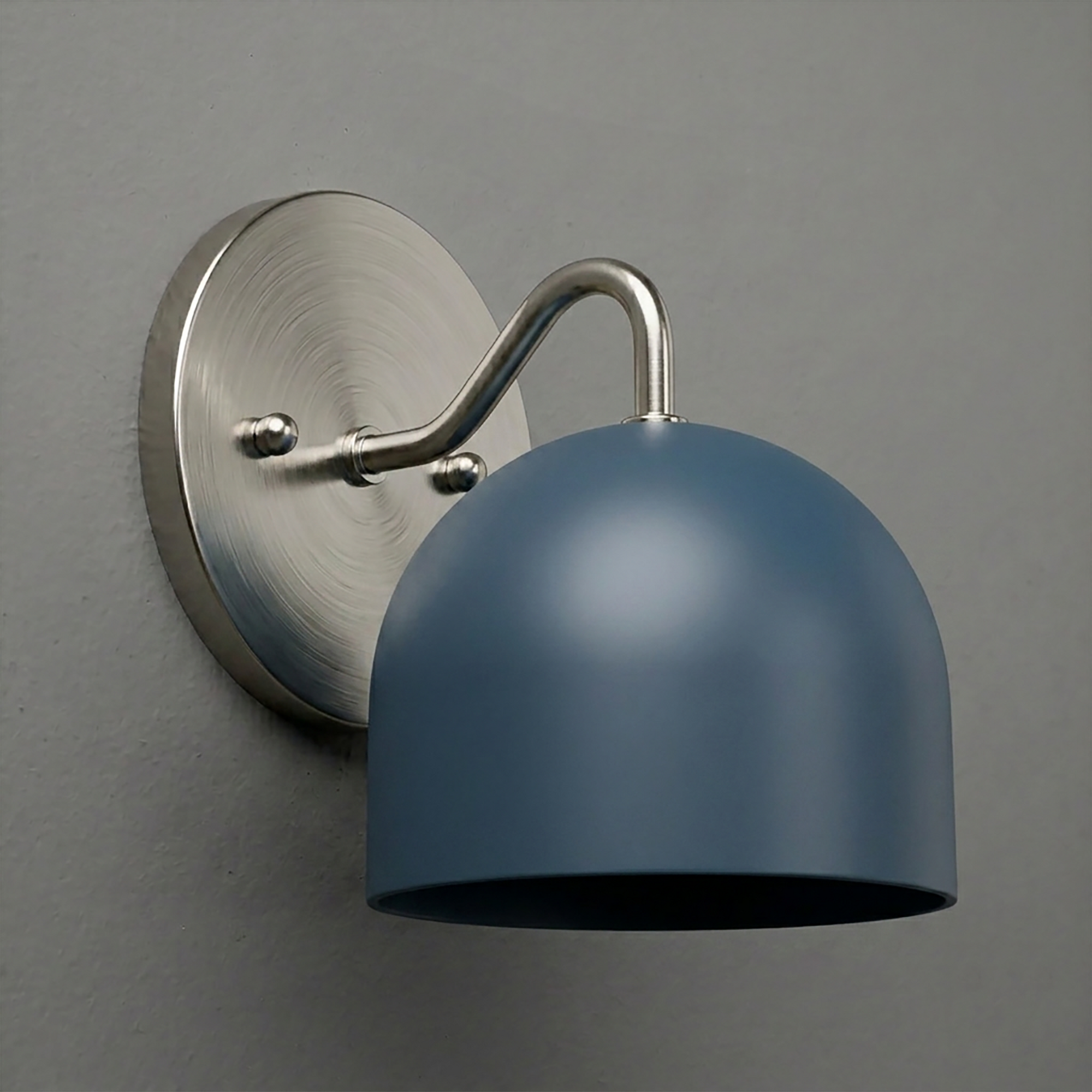 Metal wall sconce with brushed nickel base and curved arm, featuring a matte blue dome-shaped shade. - SCONCE MODEL NO. 9436