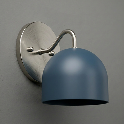 Metal wall sconce with brushed nickel base and curved arm, featuring a matte blue dome-shaped shade. - SCONCE MODEL NO. 9436