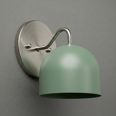 Brushed nickel wall sconce with curved arm and matte sage green dome-shaped metal shade. - SCONCE MODEL NO. 9436