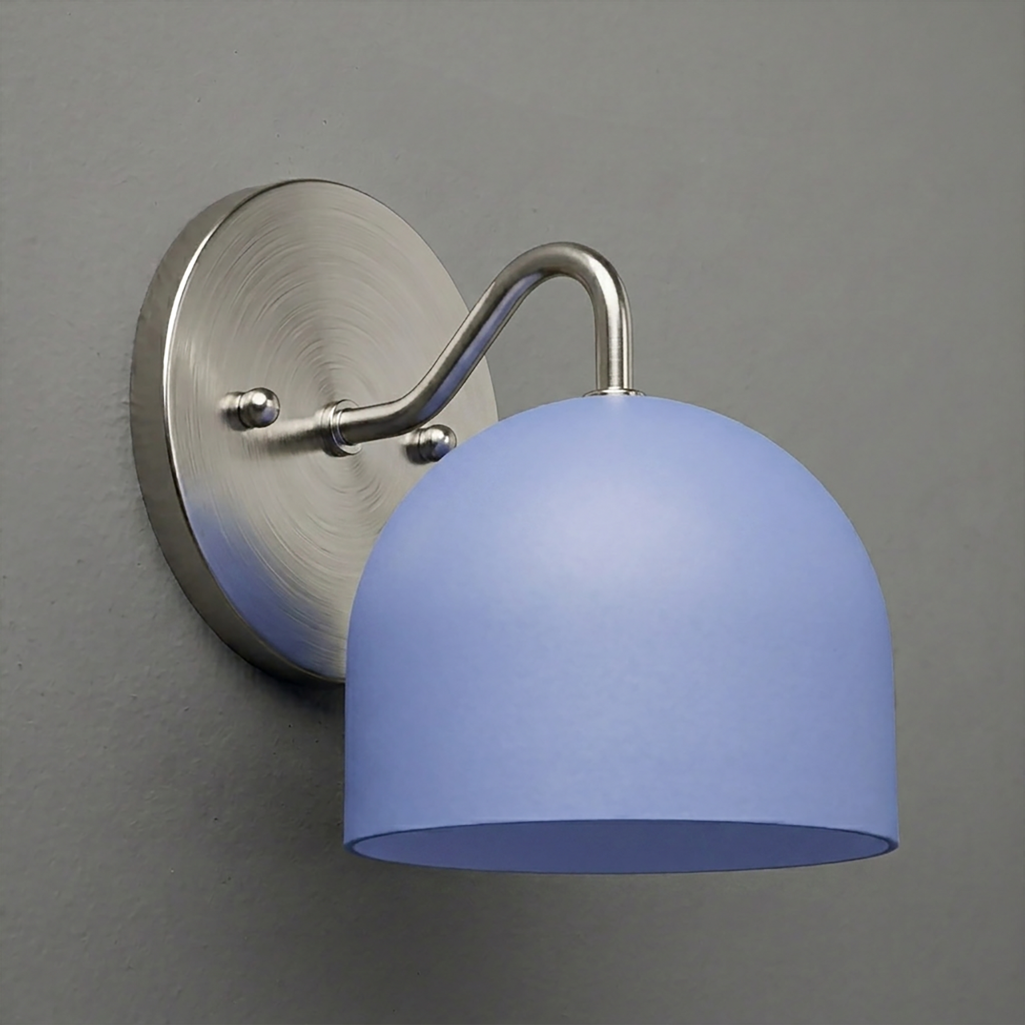Wall-mounted sconce with brushed nickel arm and round blue dome-shaped shade. - SCONCE MODEL NO. 9436