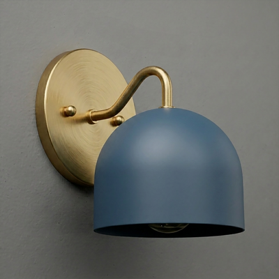 Matte blue dome-shaped metal sconce with brushed brass arm and round wall plate. - SCONCE MODEL NO. 9436