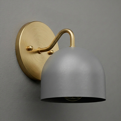 Brushed brass wall sconce with curved arm and matte gray dome-shaped metal shade. - SCONCE MODEL NO. 9436