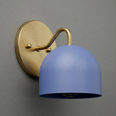 Wall sconce with matte blue dome shade and curved brass arm mounted on round brass base. - SCONCE MODEL NO. 9436