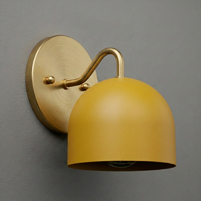 Matte mustard yellow dome-shaped metal sconce with brushed brass mounting plate and arm. - SCONCE MODEL NO. 9436