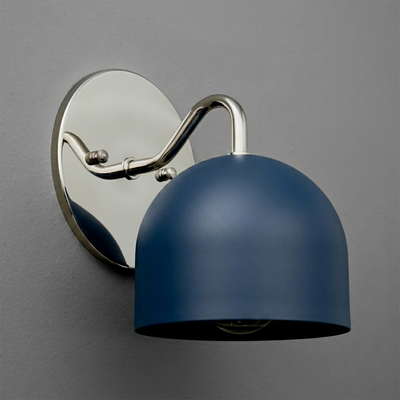 Wall-mounted sconce with brushed nickel arm and matte navy blue dome-shaped shade. - SCONCE MODEL NO. 9436