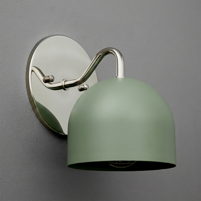 Matte sage green metal dome sconce with brushed nickel curved arm and oval backplate. - SCONCE MODEL NO. 9436