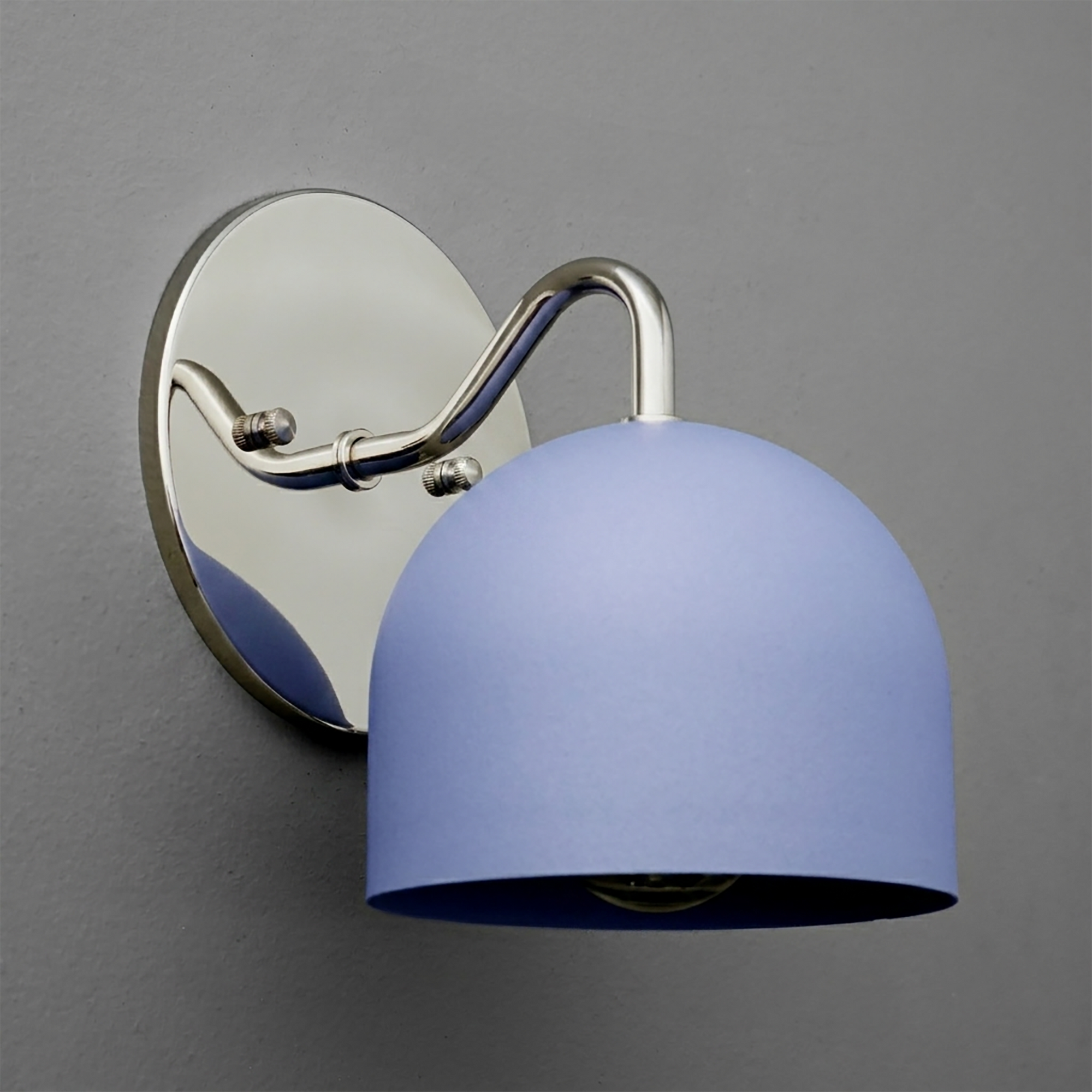 Wall-mounted sconce with polished chrome arm and oval backplate, featuring a smooth matte lavender dome-shaped shade. - SCONCE MODEL NO. 9436