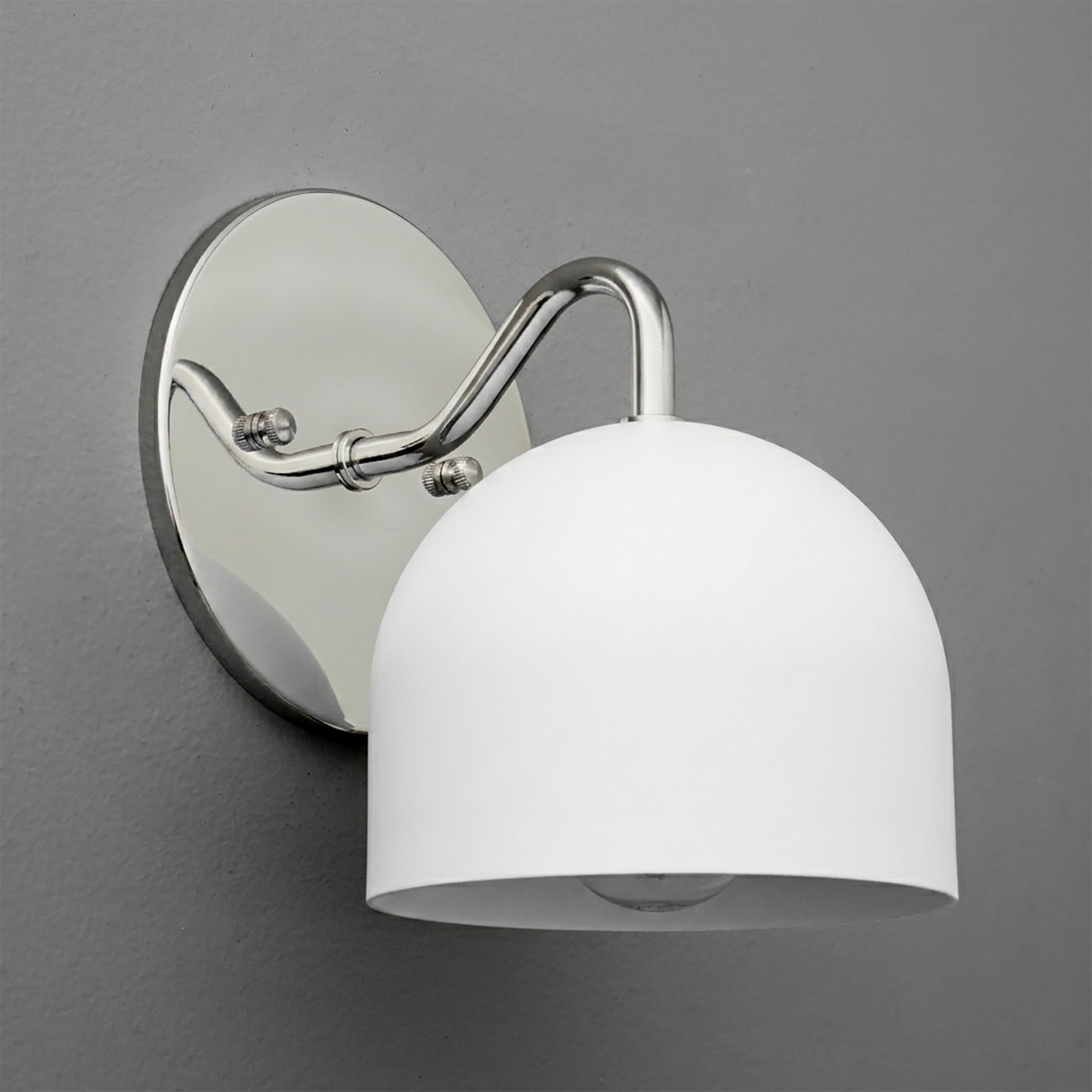 White dome shade wall sconce with polished chrome curved arm and round backplate. - SCONCE MODEL NO. 9436