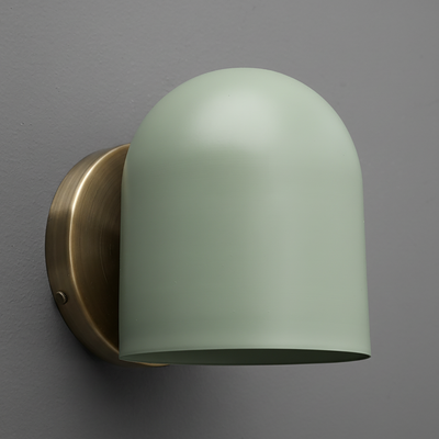 Matte light green dome-shaped metal sconce with antique brass round wall mount. - SCONCE MODEL NO. 2424