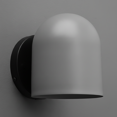 Matte gray dome-shaped metal sconce with a black circular wall mount. - SCONCE MODEL NO. 2424