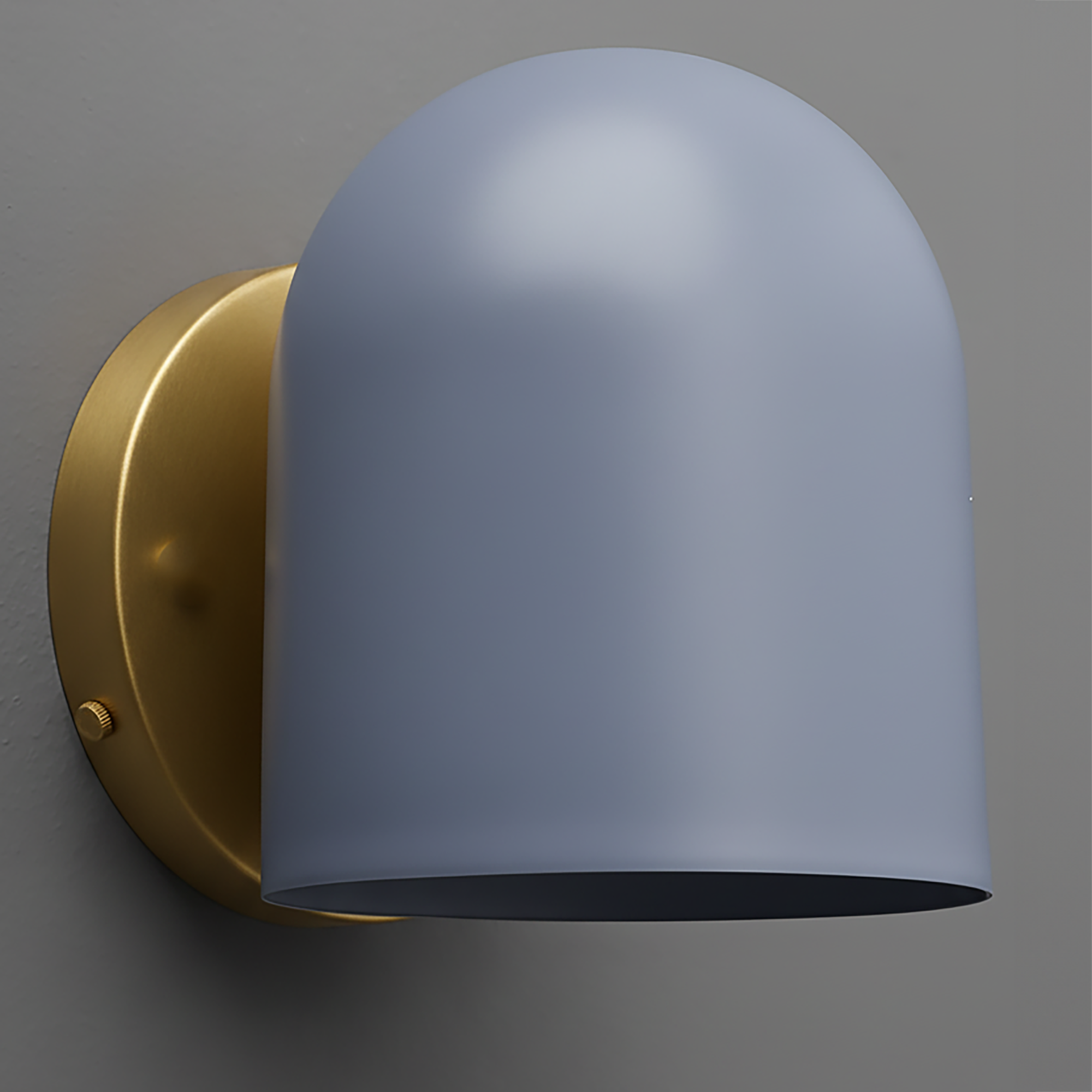 Antique brass wall sconce with smooth periwinkle dome-shaped shade on gray wall. - SCONCE MODEL NO. 2424
