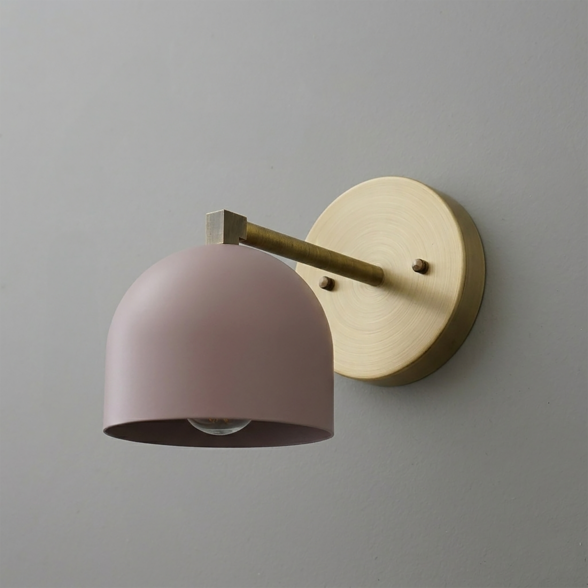 Matte mauve dome-shaped metal sconce with brass arm and round wall mount. - SCONCE MODEL NO. 3622