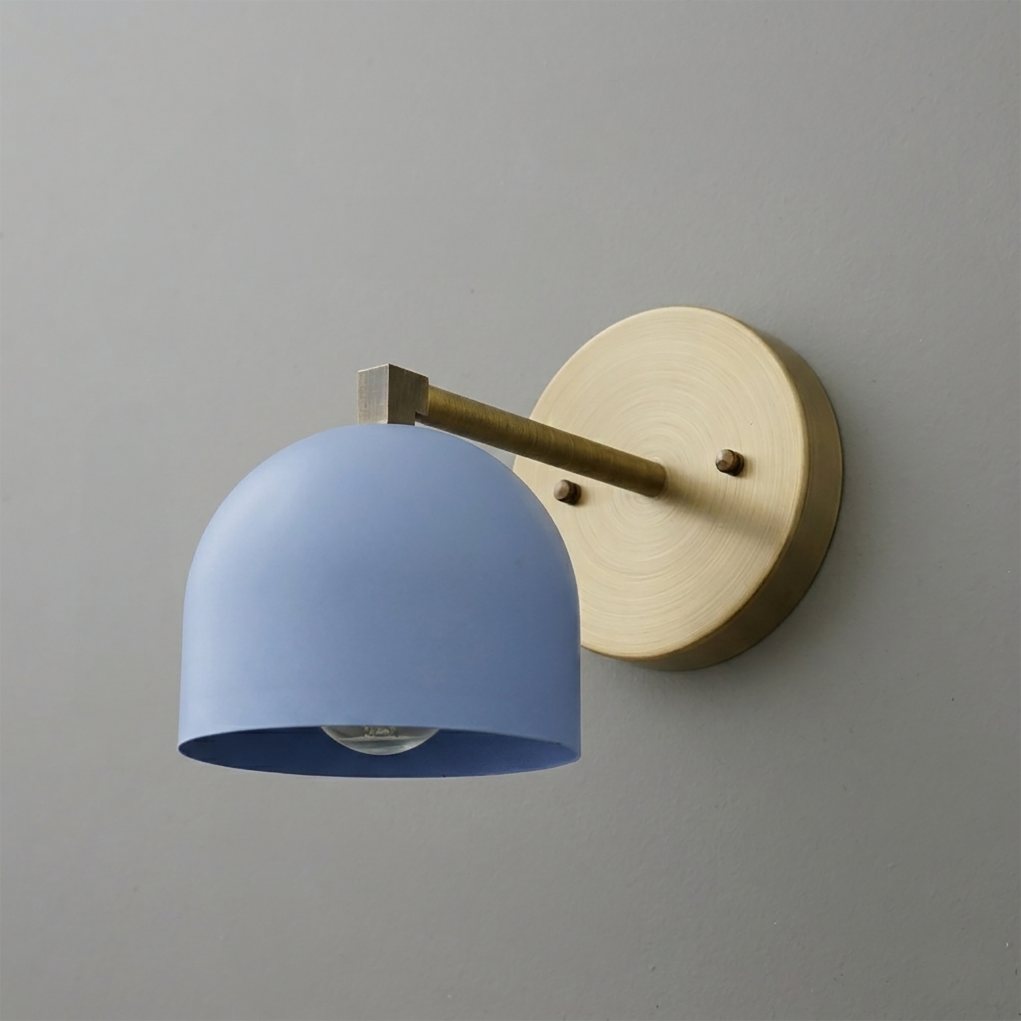 Wall-mounted sconce with matte blue dome shade and brushed brass circular base and arm. - SCONCE MODEL NO. 3622