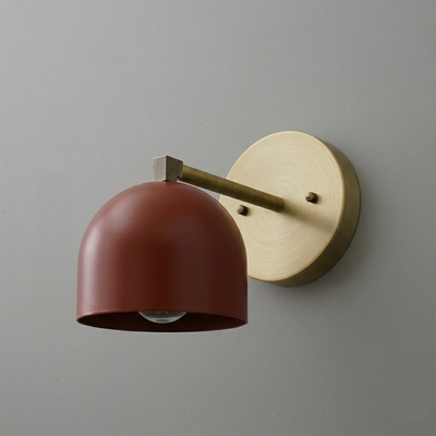 Matte rust-red dome shade sconce with brass arm and circular brass wall mount. - SCONCE MODEL NO. 3622