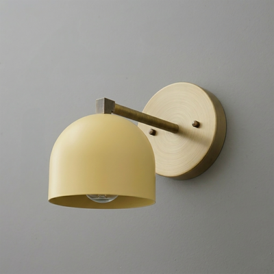 Matte beige dome-shaped wall sconce with wooden arm and round wooden baseplate. - SCONCE MODEL NO. 3622
