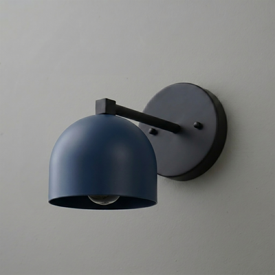Matte navy blue dome-shaped metal sconce with black circular wall mount and arm, single bulb design. - SCONCE MODEL NO. 3622