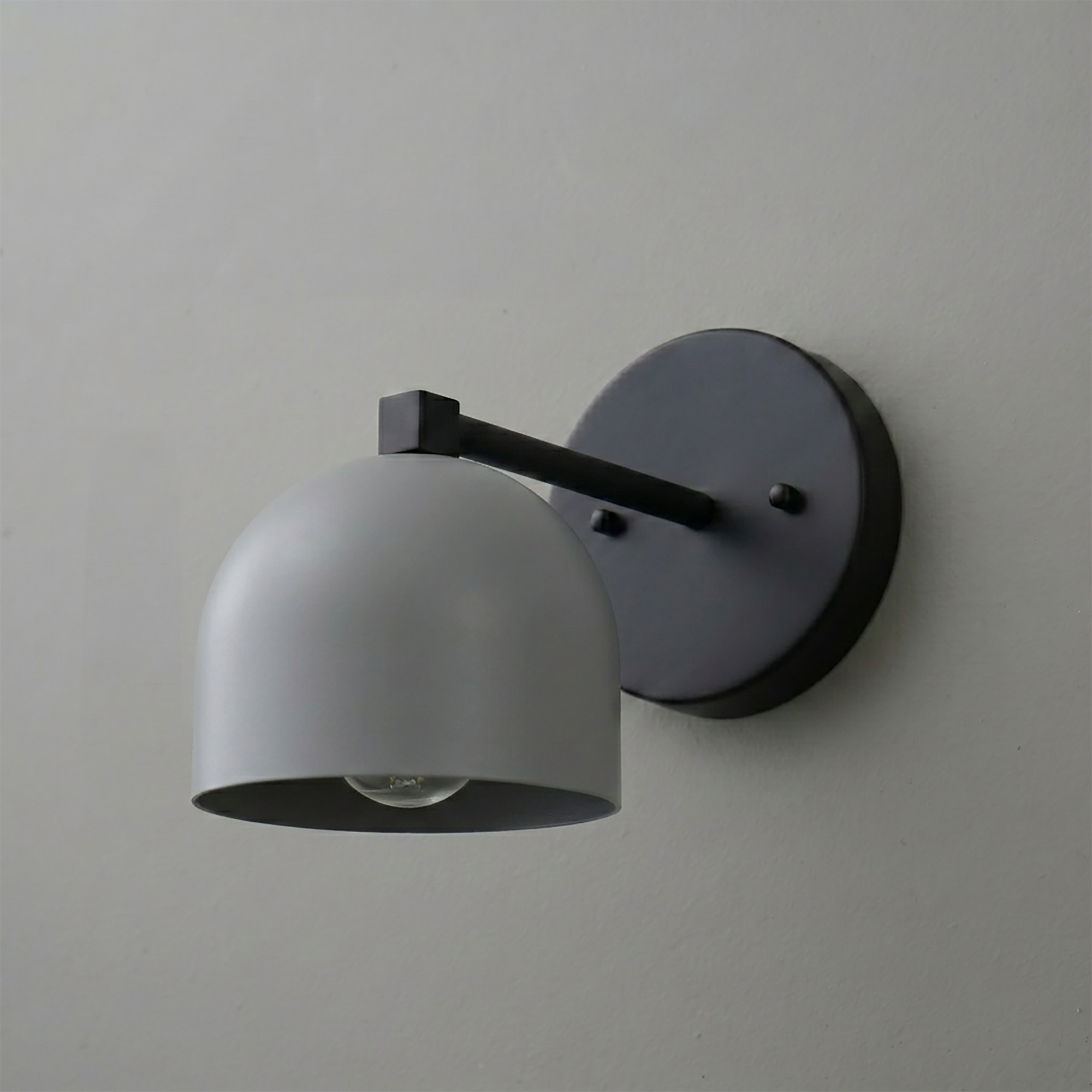 Matte gray metal wall sconce with dome-shaped shade and round backplate, modern minimalist design. - SCONCE MODEL NO. 3622