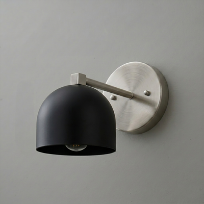 Matte black dome-shaped metal sconce with brushed nickel round wall plate and arm. - SCONCE MODEL NO. 3622