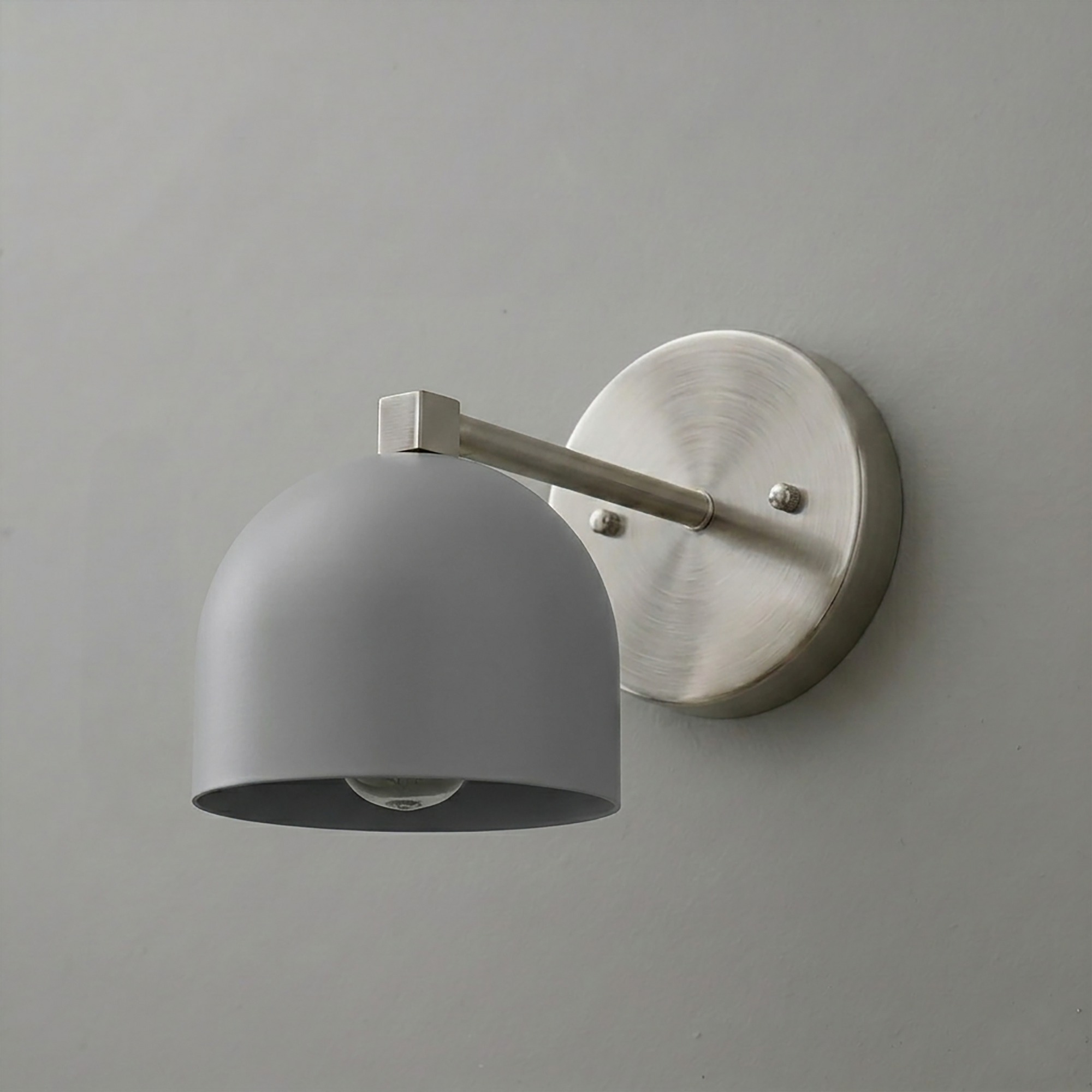 Matte gray dome-shaped metal sconce with brushed nickel arm and round wall mount. - SCONCE MODEL NO. 3622