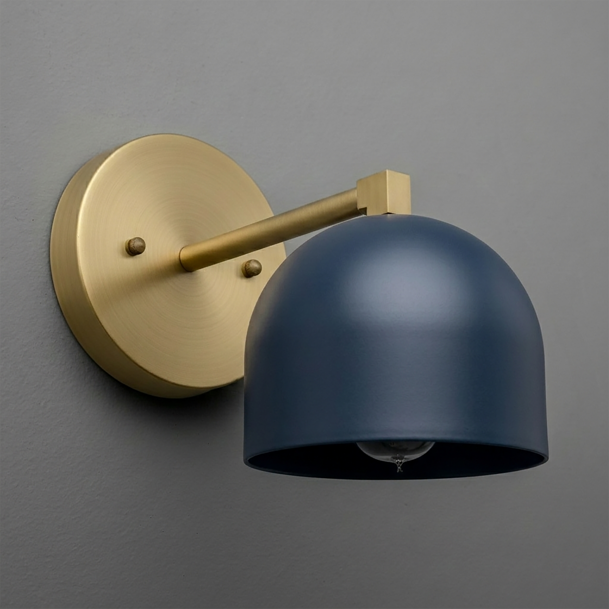 Wall-mounted sconce with matte blue dome-shaped shade and brushed brass round base and arm. - SCONCE MODEL NO. 3622