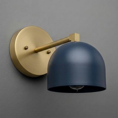 Wall-mounted sconce with matte blue dome-shaped shade and brushed brass round base and arm. - SCONCE MODEL NO. 3622
