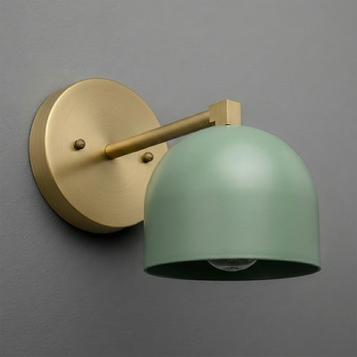 Brushed brass wall sconce with matte green dome-shaped shade and single bulb socket. - SCONCE MODEL NO. 3622