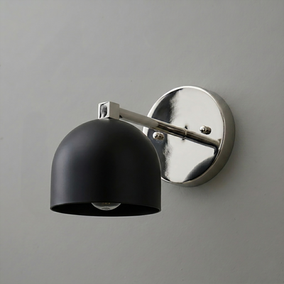 Matte black dome-shaped metal sconce with polished silver circular wall mount and arm. - SCONCE MODEL NO. 3622
