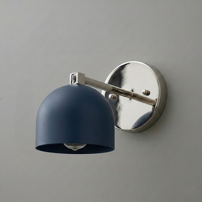 Matte navy blue dome-shaped metal sconce with polished silver round wall mount and arm. - SCONCE MODEL NO. 3622