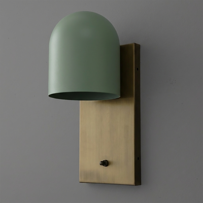 Wall sconce with matte green dome-shaped metal shade and rectangular brushed brass backplate. - SCONCE MODEL NO. 6029