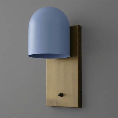 Wall sconce with matte light blue dome-shaped metal shade and rectangular brushed brass backplate. - SCONCE MODEL NO. 6029