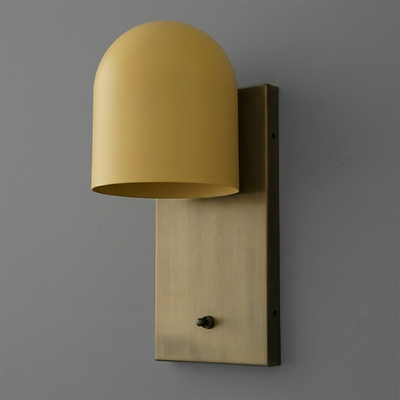 Matte yellow dome-shaped metal shade wall sconce with rectangular brass backplate and black toggle switch. - SCONCE MODEL NO. 6029