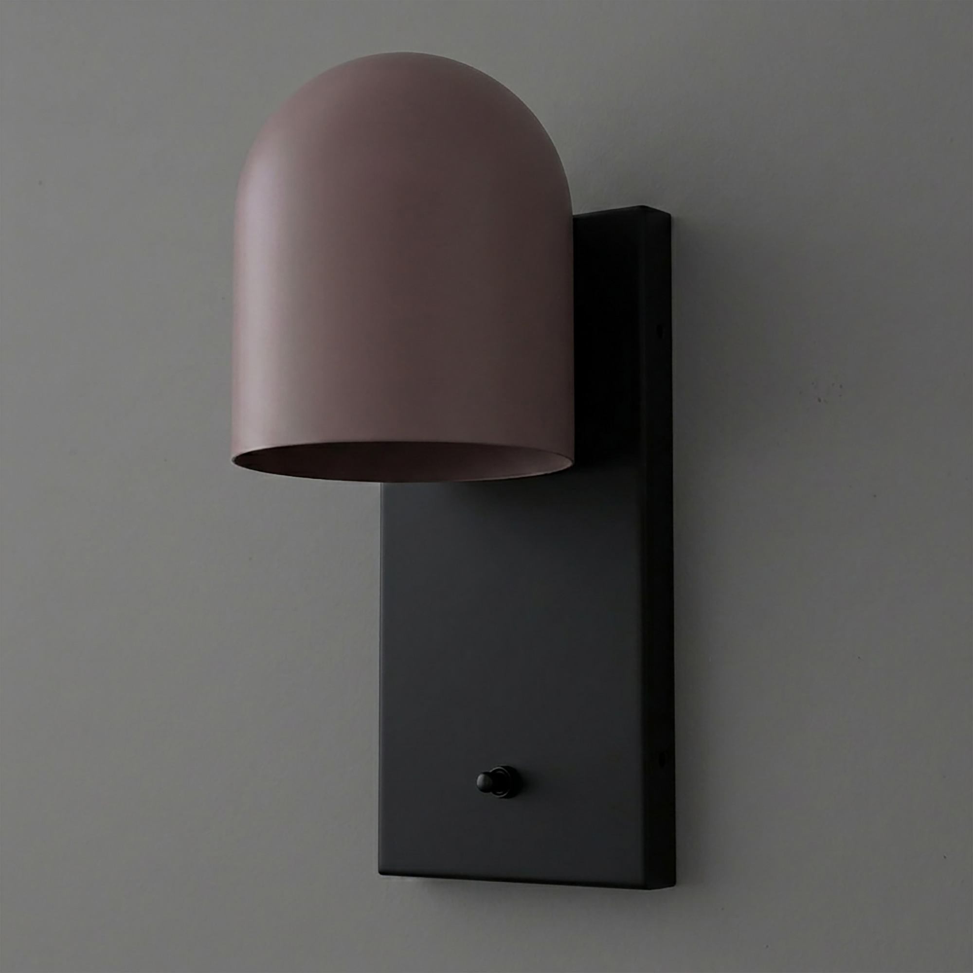 Matte pink dome-shaped metal shade with black rectangular metal backplate wall sconce. - SCONCE MODEL NO. 6029