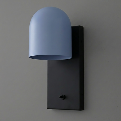Matte black rectangular wall sconce with a rounded light blue metal shade and a small toggle switch. - SCONCE MODEL NO. 6029