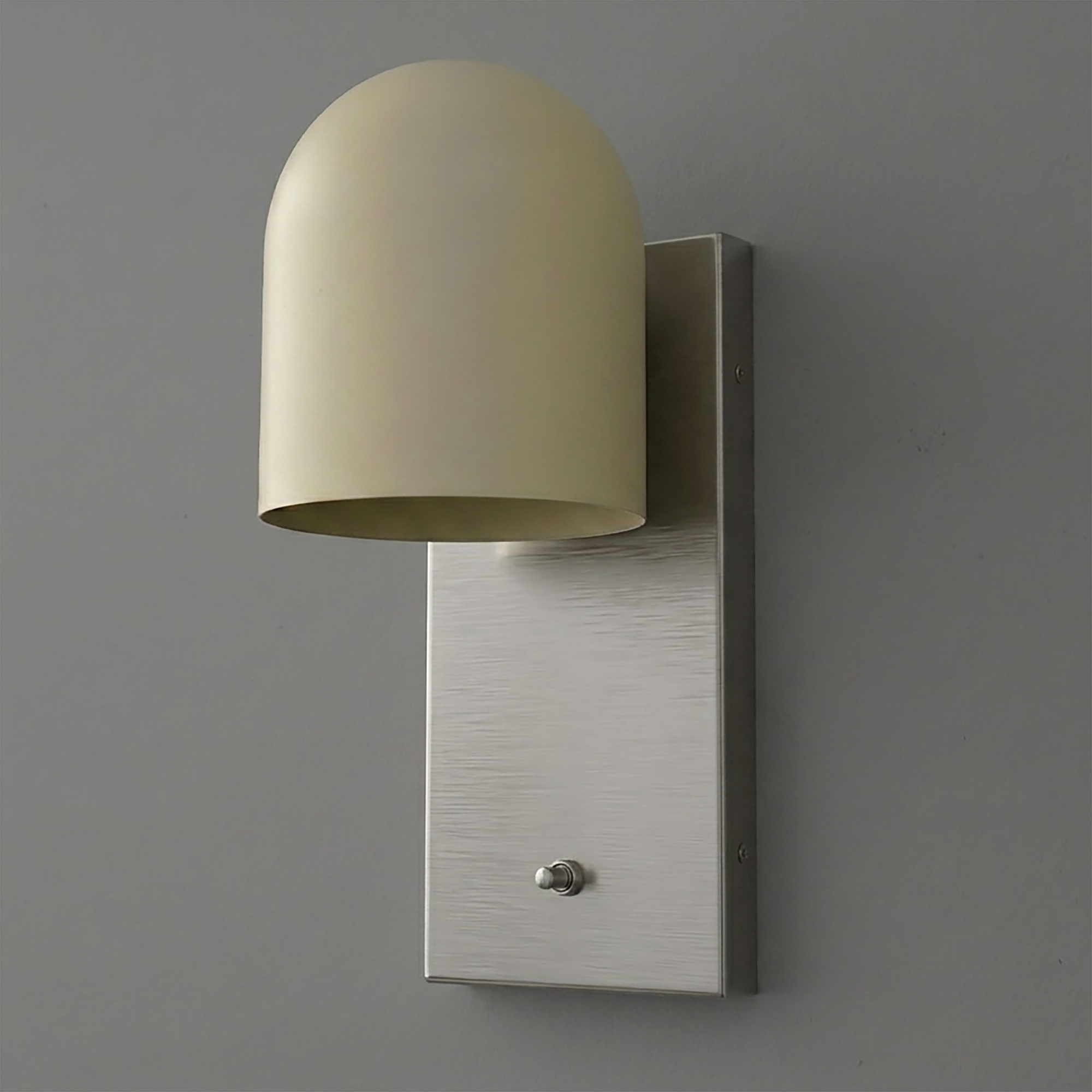 Modern wall sconce with brushed metal rectangular base and smooth curved beige shade. - SCONCE MODEL NO. 6029