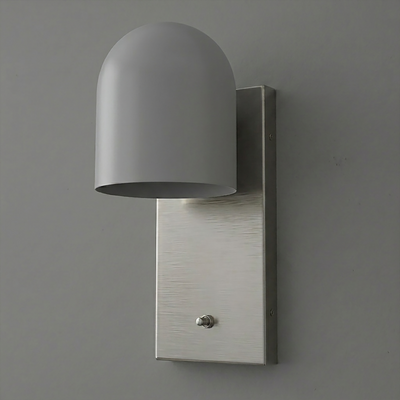 Matte gray dome-shaped metal sconce with rectangular brushed nickel backplate and single bulb design. - SCONCE MODEL NO. 6029