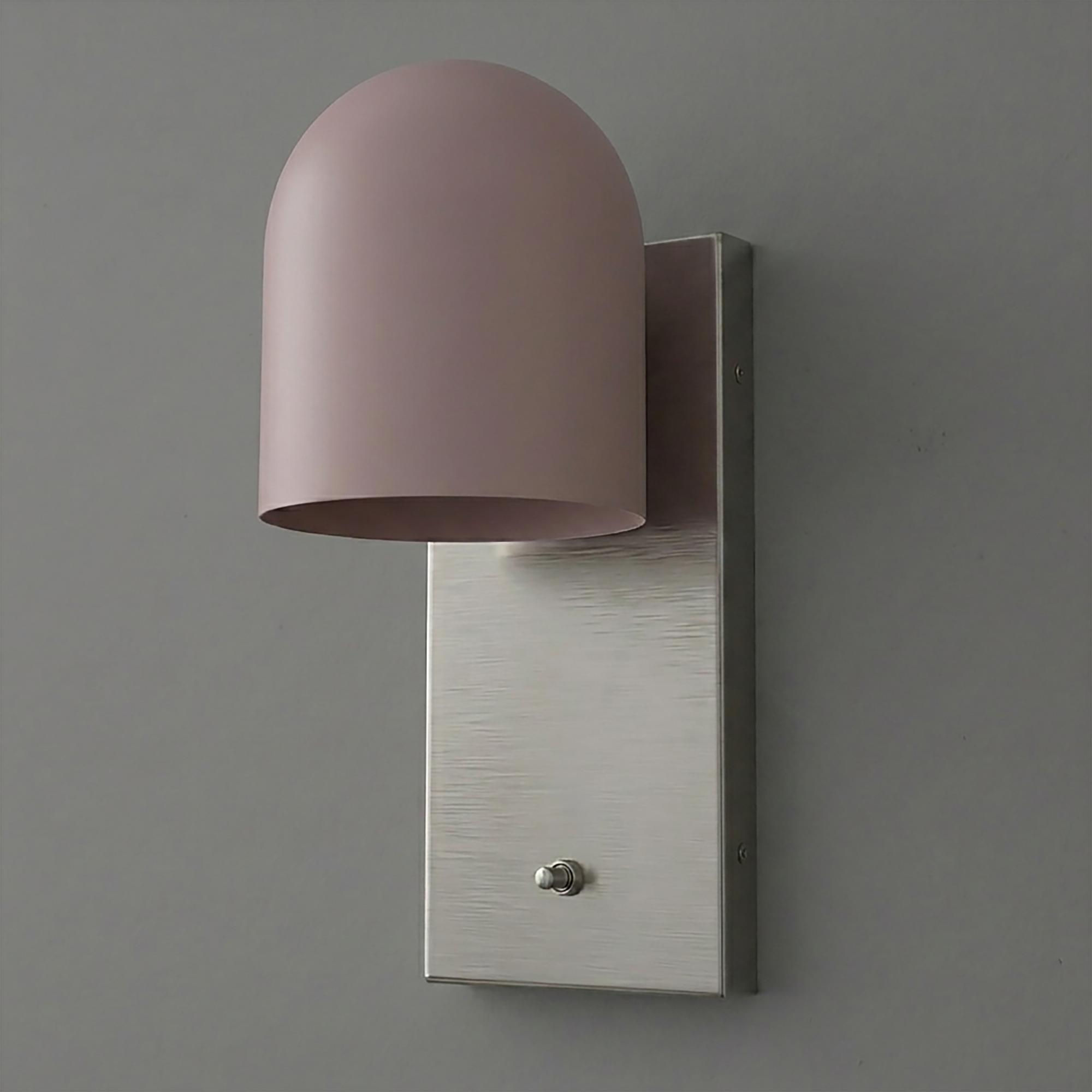 Wall sconce with matte pink dome-shaped shade and brushed metal rectangular backplate, single bulb. - SCONCE MODEL NO. 6029