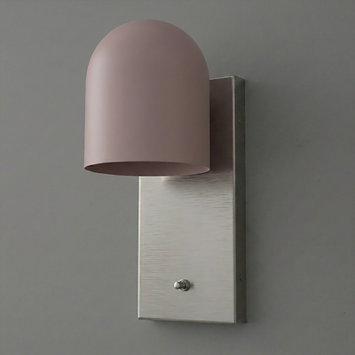 Wall sconce with matte pink dome-shaped shade and brushed metal rectangular backplate, single bulb. - SCONCE MODEL NO. 6029