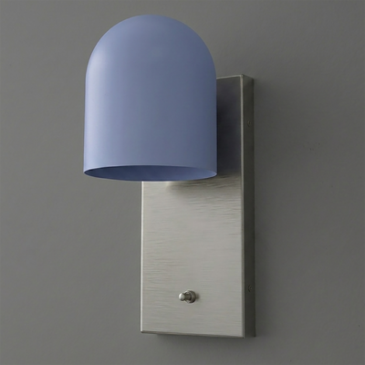 Wall-mounted sconce with brushed metal rectangular base and smooth matte light blue dome shade. - SCONCE MODEL NO. 6029