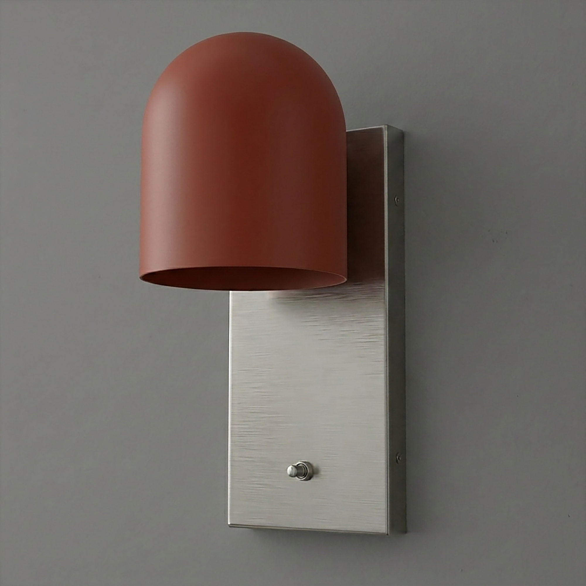 Wall sconce with matte terracotta dome shade and brushed metal rectangular base. - SCONCE MODEL NO. 6029