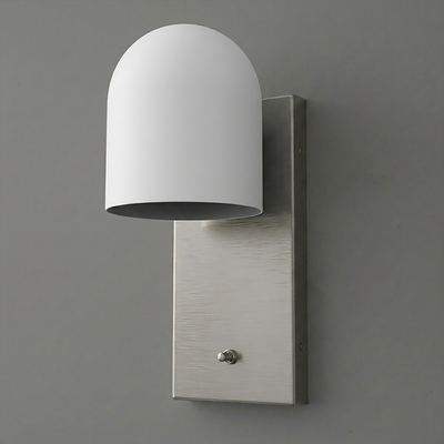 Matte white dome-shaped shade on brushed metal rectangular backplate, single bulb wall sconce. - SCONCE MODEL NO. 6029