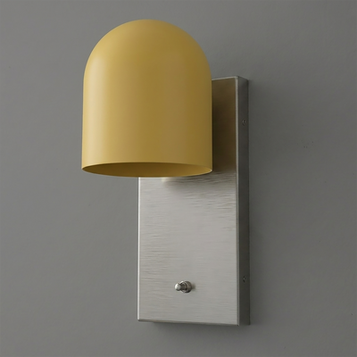 Modern wall sconce with a brushed metal rectangular base and a smooth matte yellow dome-shaped shade. - SCONCE MODEL NO. 6029