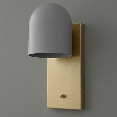 Wall sconce with brushed brass rectangular backplate and matte gray cylindrical metal shade. - SCONCE MODEL NO. 6029