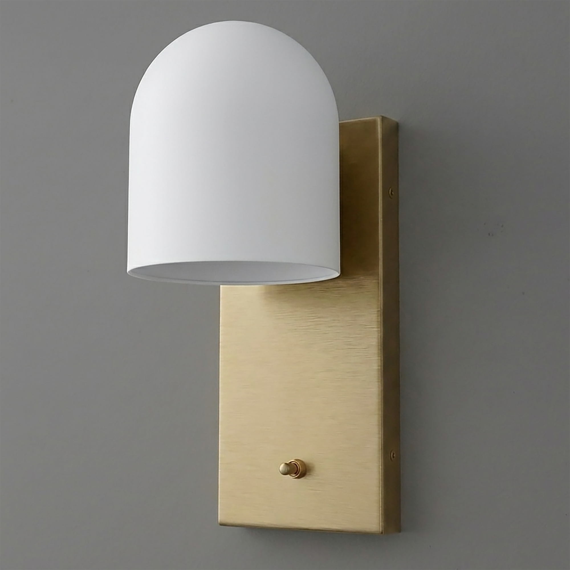 Wall sconce with brushed gold rectangular backplate and smooth white dome-shaped shade. - SCONCE MODEL NO. 6029