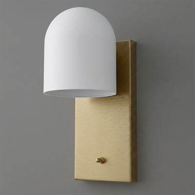 Wall sconce with brushed gold rectangular backplate and smooth white dome-shaped shade. - SCONCE MODEL NO. 6029