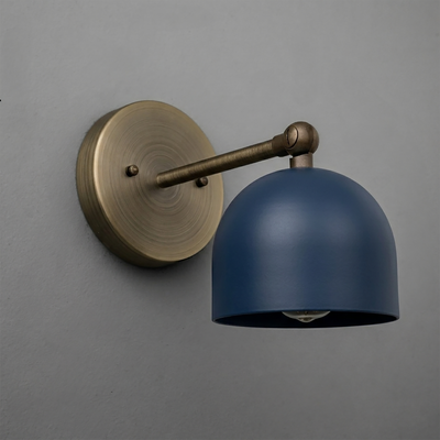 Wall-mounted sconce with a round brass base and arm, featuring a matte blue dome-shaped metal shade. - SCONCE MODEL NO. 5103