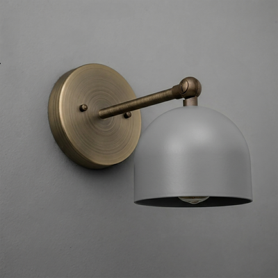 Brushed brass 1-bulb wall sconce with matte white dome-shaped metal shade and round backplate. - SCONCE MODEL NO. 5103